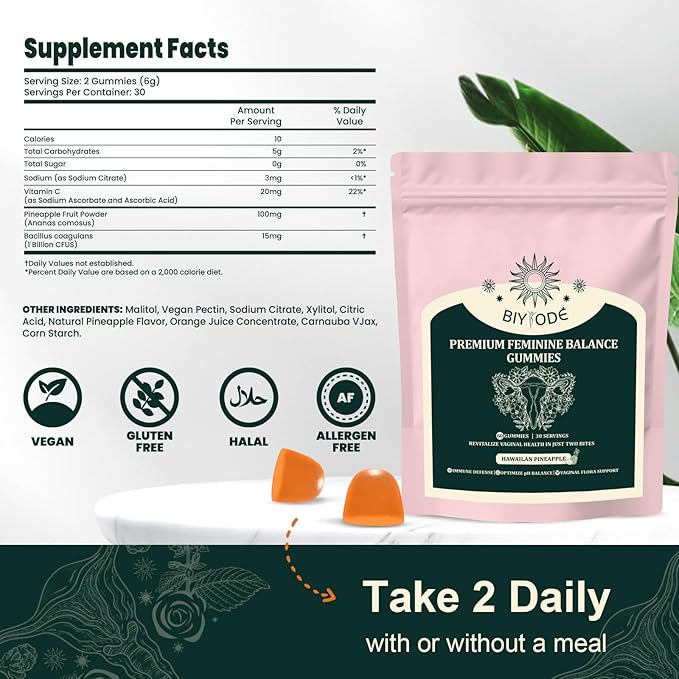Feminine Balance Gummies, Premium Balance Supplement for Women PH Health, Immune Support, Vegan, Gluten-Free, Hawaiian Pineapple 60 Gummies 30 Servings