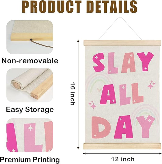 Nrleey Funny Slay All Day Wall Decor with Wooden Poster Hanger - Girly Room Decor Aesthetic, Trendy Pink Preppy Wall Art Posters for Girls Room Dorm Bedroom Apartment, 12x16 Inch
