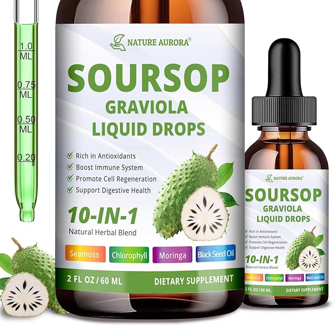 Soursop Drops - 10 in 1 Soursop Bitters Liquid, 2000mg Soursop Extract with Sea Moss, Moringa, Turmeric, Black Seed Oil, Oregano, Ashwagandha - Immune, Antioxidant, Digestive & Cell Support, 2 Fl Oz