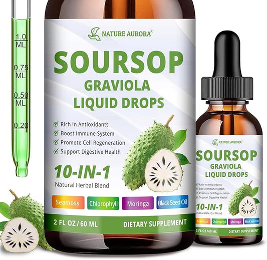 Soursop Drops - 10 in 1 Soursop Bitters Liquid, 2000mg Soursop Extract with Sea Moss, Moringa, Turmeric, Black Seed Oil, Oregano, Ashwagandha - Immune, Antioxidant, Digestive & Cell Support, 2 Fl Oz