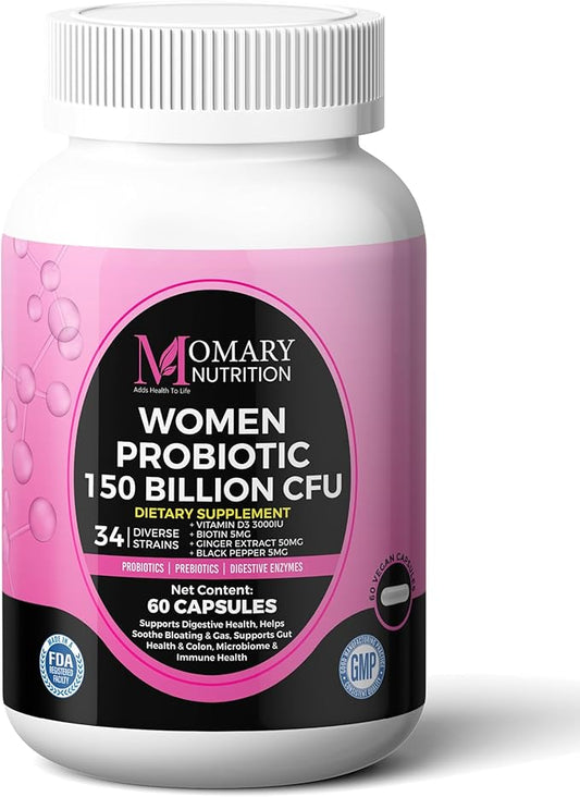 9 in 1 Bio Cultures Complex for Women, 150 Billion CFU Probiotics | 34 Diverse Strains | Organic Prebiotics | Postbiotics | Digestive Enzymes | Biotin, Supports Digestive Health, Colon & Immune Health