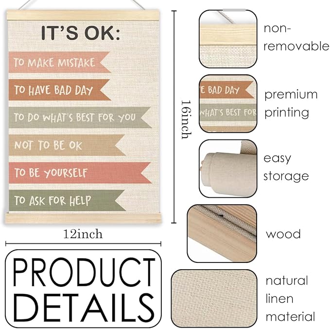 Ecezatik Mental Health It's OK to Be Yourself Poster Hanger Frame, Boho Mental Health Awareness Posters Wall Decor for Classroom Therapy Office School Counselor Office Calm Down Corner, 12x16 Inches