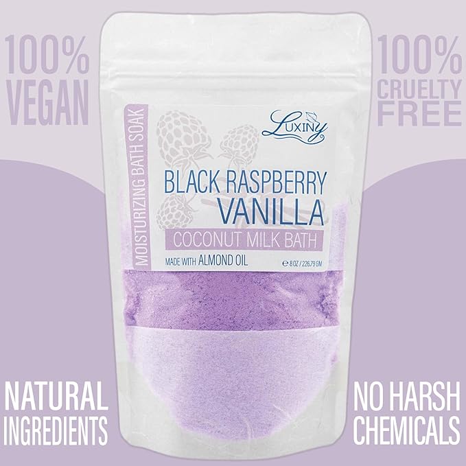 Vegan Milk Bath Soak Made with Moisturizing Coconut Milk Powder & Sweet Almond Oil for a Bath Bomb Dust Soothing Fizz & Relaxing Soak, 8 oz. (Black Raspberry Vanilla)
