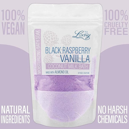 Vegan Milk Bath Soak Made with Moisturizing Coconut Milk Powder & Sweet Almond Oil for a Bath Bomb Dust Soothing Fizz & Relaxing Soak, 8 oz. (Black Raspberry Vanilla)