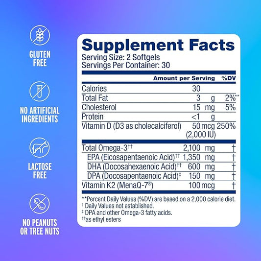 Oceanblue Professional Omega-3 2100 with Vitamin K2 and Vitamin D3-120 Count 2 Pack- Triple Strength Burpless Fish Oil Supplement with EPA, DHA & DPA - Wild Caught - Orange Flavor, 60 Servings
