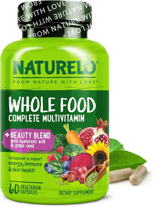 NATURELO Whole Food Multivitamin with Extra Hair, Skin and Nails Support - Beauty Blend with Hyaluronic Acid & Grape Seed - High Potency Biotin, Vitamin C, and Glutathione - 60 Vegan Capsules