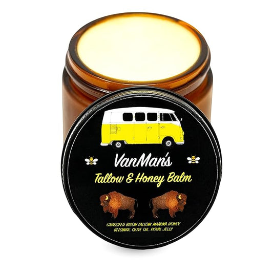 Vanman’s Tallow and Honey Balm - Grass-Fed/Finished Bison Tallow, Raw Manuka Honey, Organic Royal Jelly, Beeswax, Cold Pressed Olive Oil - Unscented Tallow Skin Care for Dry Skin - 2 oz