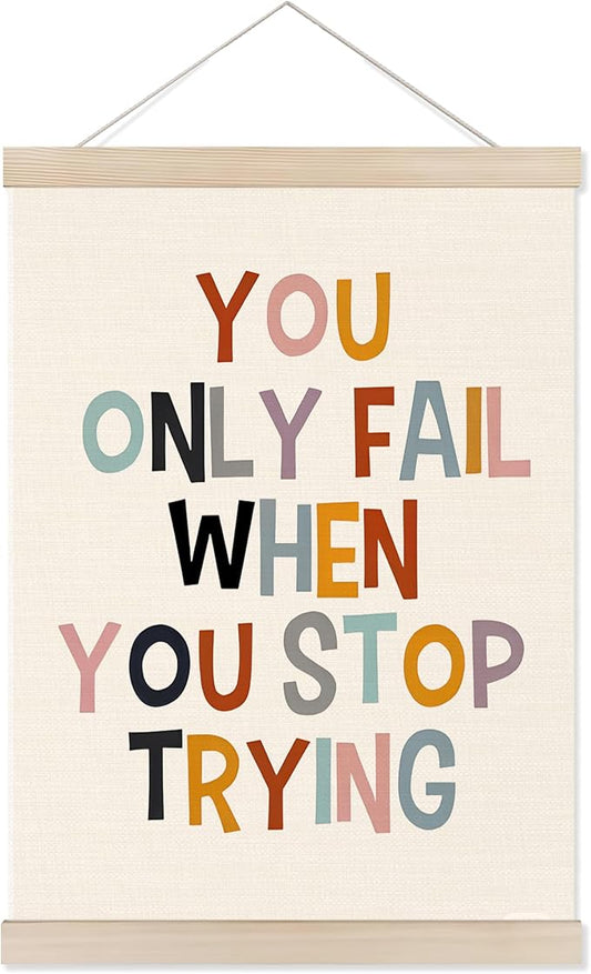 Welshower Boho Inspirational Poster Hanger Frame, You Only Fall When You Stop Trying Motivational Quote Wall Art Prints Decor for Classroom Kids Room Nursery Playroom Framed, 12x16 Inch