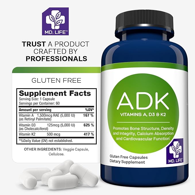 MD Life ADK Vitamin Supplement With Vitamin D3, K2 & A - 60 Capsules - Supports Bone & Heart Health - High Potency ADK Complex