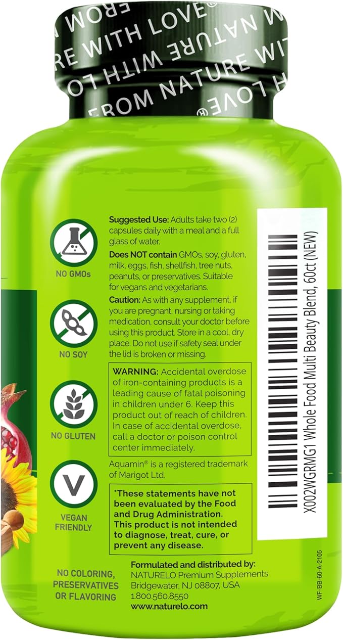 NATURELO Whole Food Multivitamin with Extra Hair, Skin and Nails Support - Beauty Blend with Hyaluronic Acid & Grape Seed - High Potency Biotin, Vitamin C, and Glutathione - 60 Vegan Capsules