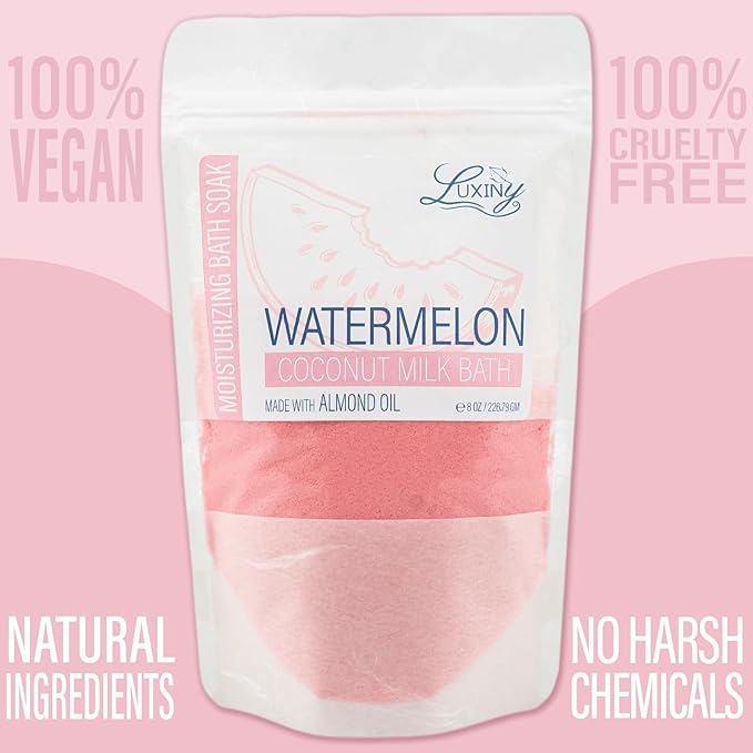 Vegan Milk Bath Soak Made with Moisturizing Coconut Milk Powder & Sweet Almond Oil for a Bath Bomb Dust Soothing Fizz & Relaxing Soak, 8 oz. (Watermelon)