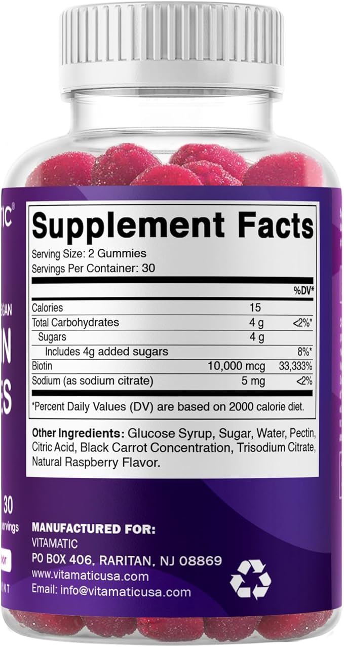 Vitamatic Biotin Gummies 10,000 mcg for Stronger Hair, Skin & Nails - 60 Vegan Gummies - Also Called Vitamin B7 (6 Bottles)