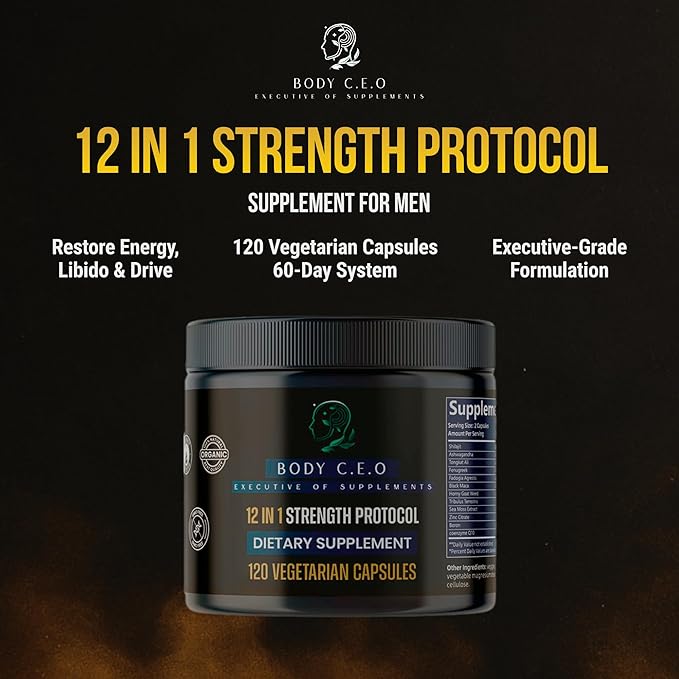 Body C.E.O Men's Dietary Supplement - 12-in-1 Male Alpha Booster with Shilajit, Ashwagandha,Tongkat Ali & More- Natural Support Energy & Vitality - 120 Cap(2 Months)