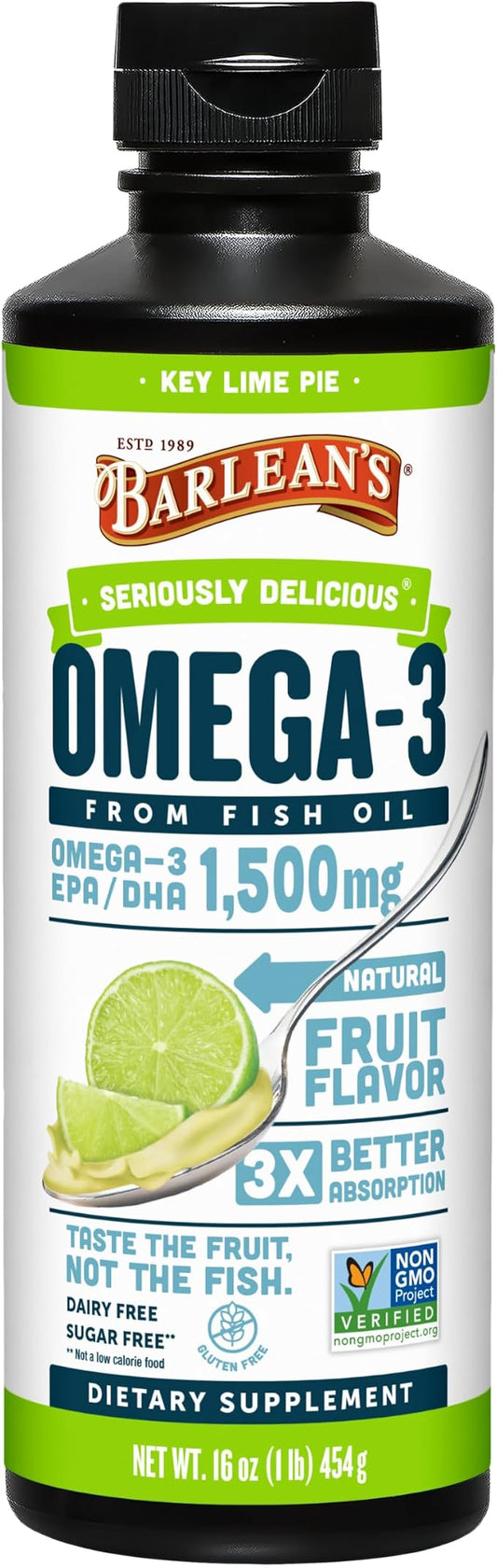 Barlean's Organic Oils Seriously Delicious Omega-3 High Potency Fish Oil, Key Lime Pie, 16 Fl Oz