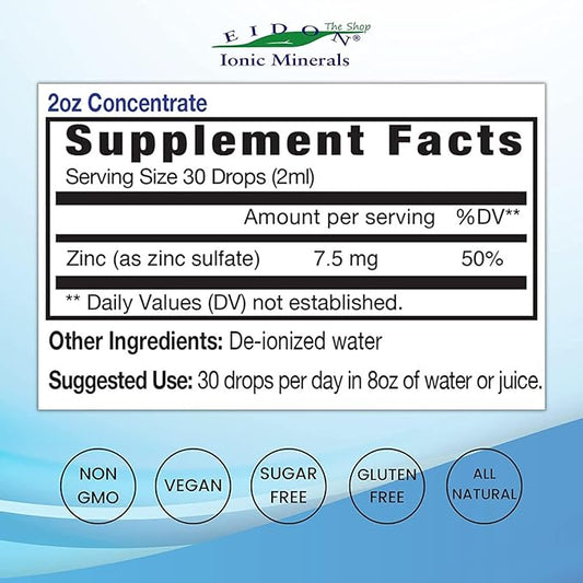Eidon Ionic Minerals Liquid Zinc Concentrate - Ionic Zinc Supplement Drops for Adults and Kids, Support Immune System, Hair and Skin, Liver and Kidney Health - 2 oz, 2 Pack