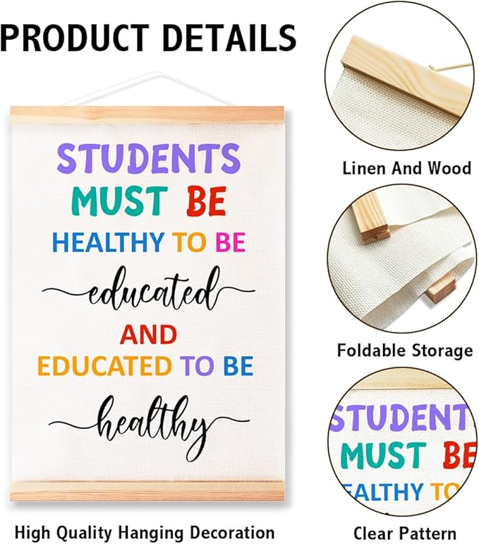 Students Must be Healthy to be Educated Poster Hanger Frame for Classroom Nursery School Wall Decor,School Nurse Office Decor Canvas Wall Art Poster Print Wall Hanging 16x12in