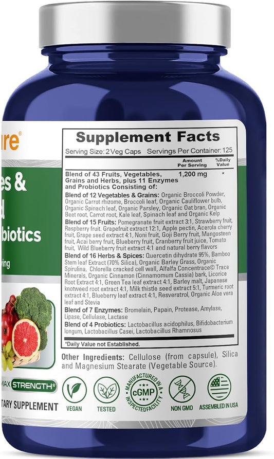 NusaPure Fruits and Veggies Supplement 1200 mg 250 Capsules - 43 Fruits & Vegetables,11 Enzymes, Probiotics (Vegan/Vegetarian, Non-GMO)