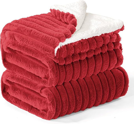 INFIIXSO Sherpa Fleece King Size Blanket - Super Soft & Warm Striped Fleece, Cozy Plush Fluffy Large Bed Blanket All Season Use (Red, 104x90 Inches)