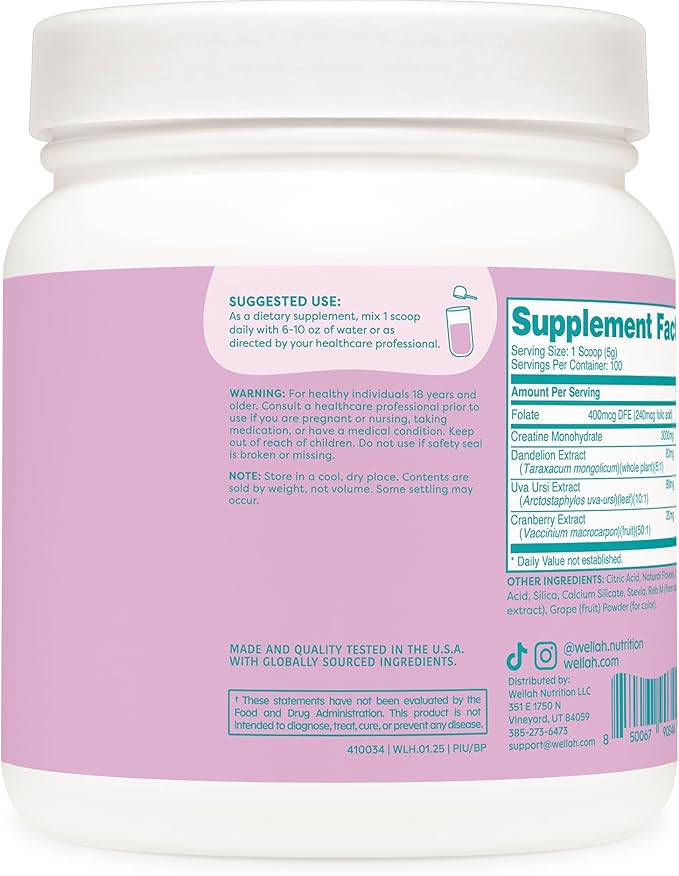 Wellah Pump-It-Up Creatine (100 Servings, Blueberry Pomegranate) - Creatine Monohydrate with Dandelion, Uva Ursi, & Cranberry Extract