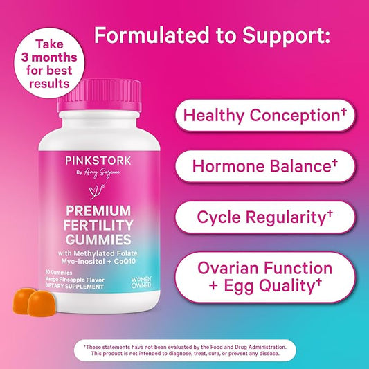 Pink Stork Fertility Gummies for Women – Pineapple Mango Flavor, Conception Support with Myo-Inositol, CoQ10, Folate, Zinc, Vitamin D, B6, B12 – Hormonal & Reproductive Health Supplement – 60 Gummies