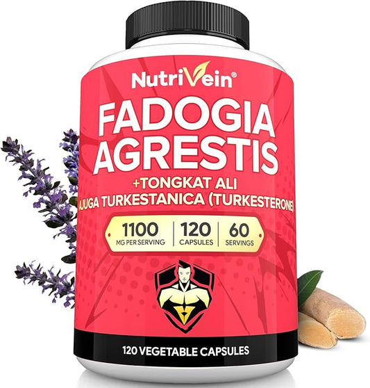 Nutrivein Premium Fadogia Agrestis and Tongkat Ali Supplement with Turkesterone - 1100 mg - 120 Capsules - Synergistic Blend for Performance, Strength, & Recovery