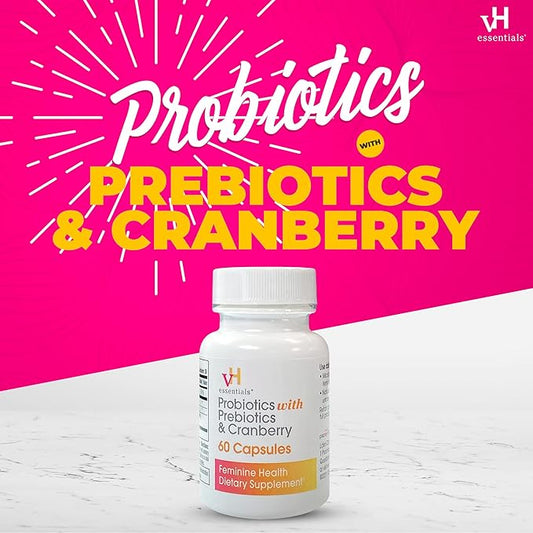 vH Essentials Probiotics for Women with Prebiotics, Cranberry & Vitamin C - 60 Capsules (30 Day Supply) - Vaginal Probiotics Support Gut Balance, Vaginal Health & Urinary Tract Health for Women