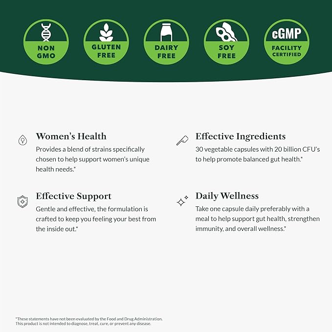 Greens First Women’s Health Probiotics - Probiotic for pH Balance - 20 Billion CFU - Support for Digestive, Immune & Vaginal Health Non-GMO/Gluten-Free/Dairy-Free/Soy-Free (30 Vegetable Capsules)
