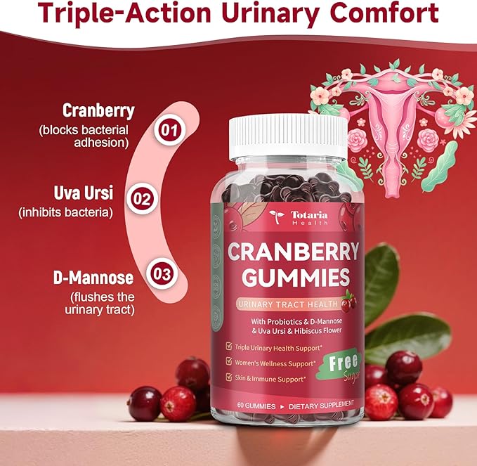 2 Pack Vegan Cranberry Gummies with D-Mannose, Probiotic & Vitamin C & Uva Ursi - Women Urinary Tract Health & Immune Support -Suger Free Cranberry Supplements for Women - 120 Count