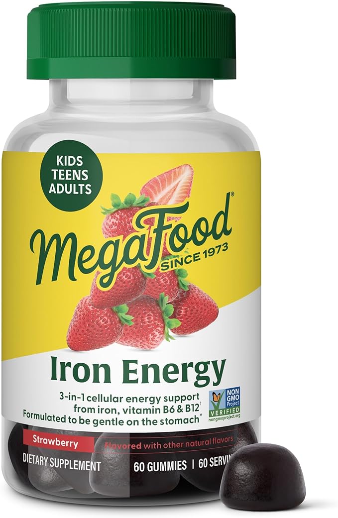 MegaFood Iron Energy Gummies, Iron Supplement for Women, Men, Teens & Kids with Vitamin B12 & B6, Vitamins, from The Makers of Blood Builder Supplement, Strawberry Flavor, 60 Count