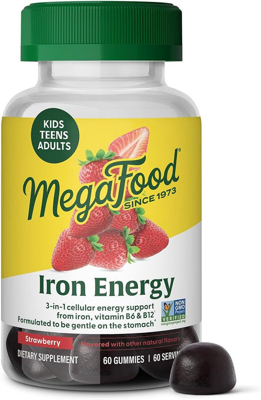 MegaFood Iron Energy Gummies, Iron Supplement for Women, Men, Teens & Kids with Vitamin B12 & B6, Vitamins, from The Makers of Blood Builder Supplement, Strawberry Flavor, 60 Count