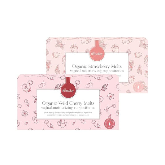Femallay Organic Vaginal Moisturizing Suppository Melts Variety Pack - 100% Natural Suppositories for Vaginal Odor and Dryness Relief, Ultra-Hydrating Fast-Acting Comfort (Cherry & Strawberry)