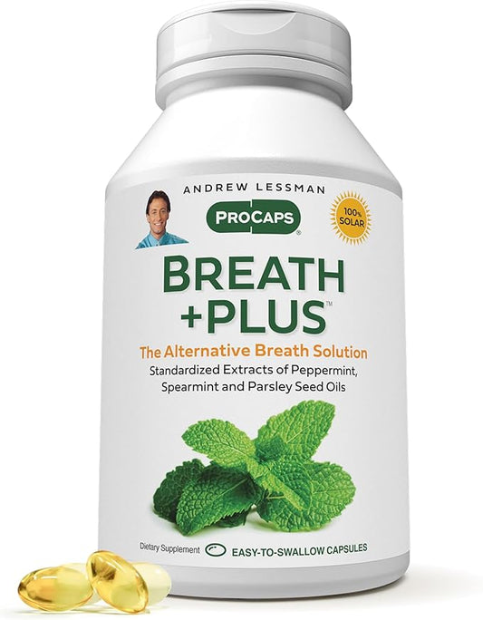 ANDREW LESSMAN Breath Plus 360 Softgels - Natural Breath Freshener, Helps Eliminate Odors from Food, Smoking, Morning Breath from The Inside Out. Peppermint, Spearmint. Easy to Swallow Softgels