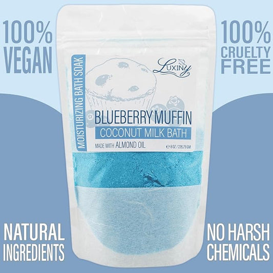 Vegan Milk Bath Soak Made with Moisturizing Coconut Milk Powder & Sweet Almond Oil for a Bath Bomb Dust Soothing Fizz & Relaxing Soak, 8 oz. (Blueberry Muffin)