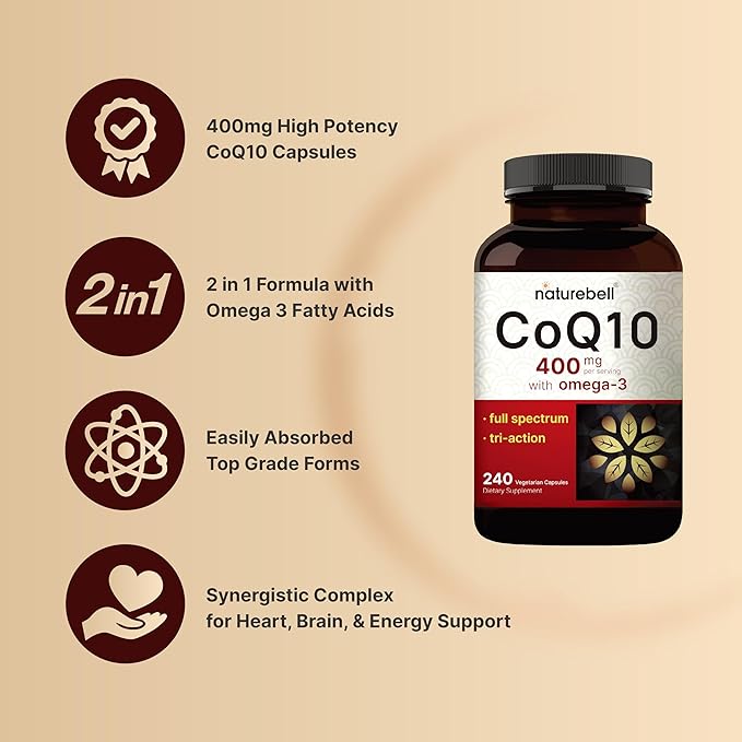 NatureBell CoQ10 400mg with Omega 3, 240 Capsules | Stable High Absorption Form – Antioxidant Support for Heart & Energy Health – Extra Strength Coenzyme Q10 Supplement