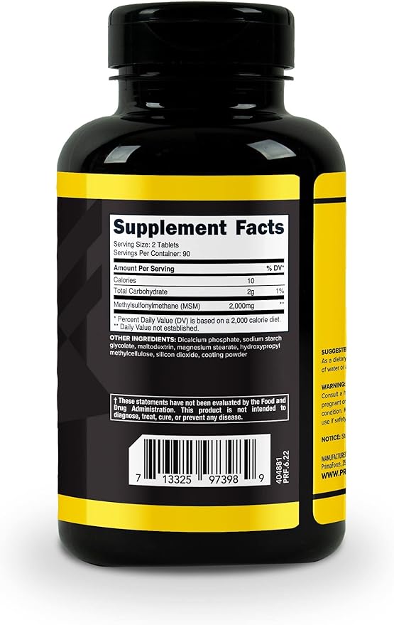 Primaforce MSM Tablets 2000mg Serving, 180 Tablets, 90 Servings