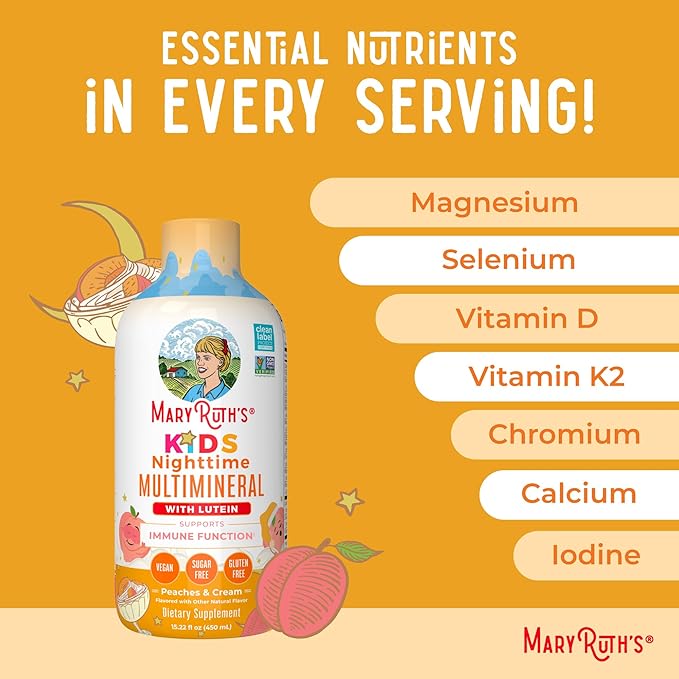 Kids Liquid Nighttime Multimineral by MaryRuth's | Bone Health | Immune Function | Bedtime Supplement | Kids Vitamins | Magnesium | Vegan | Sugar Free | 30-180 Servings | 15.22 fl oz