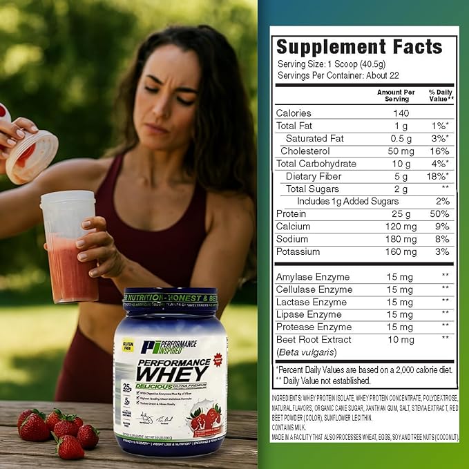 Performance Inspired Nutrition WHEY Protein Powder - All Natural - 25G - Contains BCAAs - Digestive Enzymes - Fiber Packed - Strawberries & Cream - 2lb