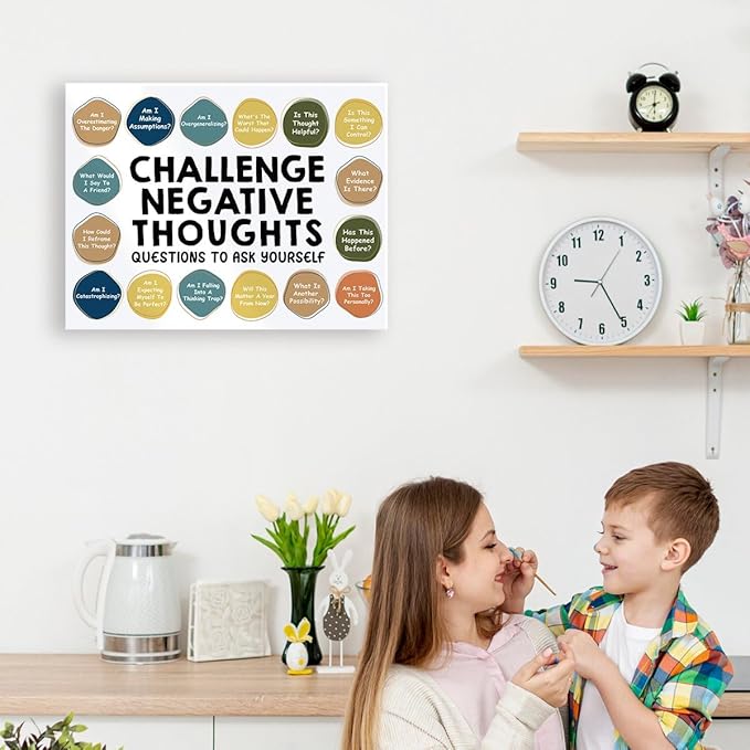 Mental Health Wall Decor,Challenge Negative Thoughts Wall Art,Therapy Office Wall Decor,Inspirational Canvas Wall Art for Classroom Psychologist Office Home