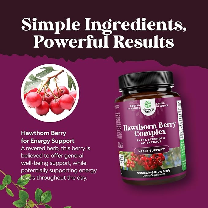 High Strength Hawthorn Berry Capsules - Pure Antioxidant Hawthorn Berry Supplement with Leaf & Flower Extract 4:1 for Healthy Heart & Digestion - Energy Support for Men & Women - 120 Count Pack