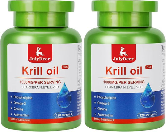 Krill Oil 1000 mg 240 Softgels with Omega-3s EPA, DHA, Astaxanthin and Phospholipids Supplement, Antarctic Krill No Fishy Aftertaste for Joint, Heart, Brain and Immunity - 2 Bottles