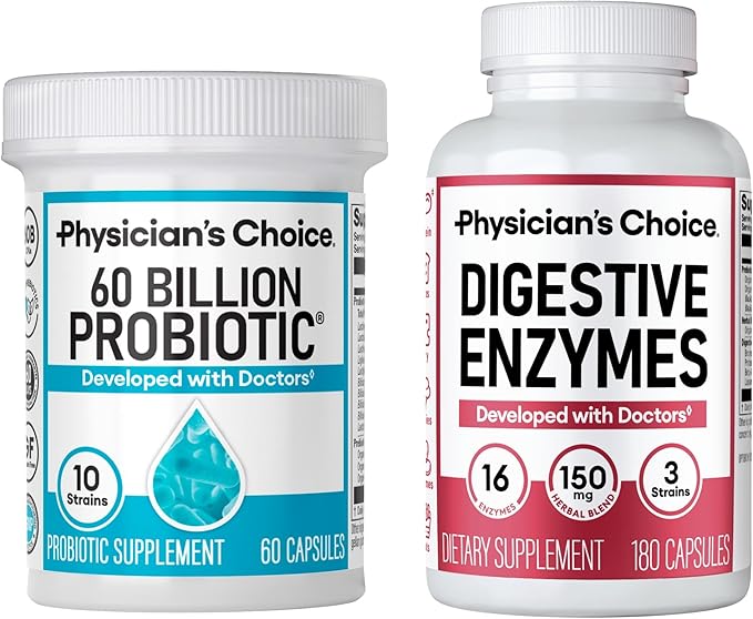 Physician's CHOICE Advanced Gut Health Bundle: 60 Billion Probiotics 60ct + Digestive Enzymes 180ct for Digestive, Gut, and Immune Health Supports Occasional Constipation, Diarrhea, Gas, and Bloating
