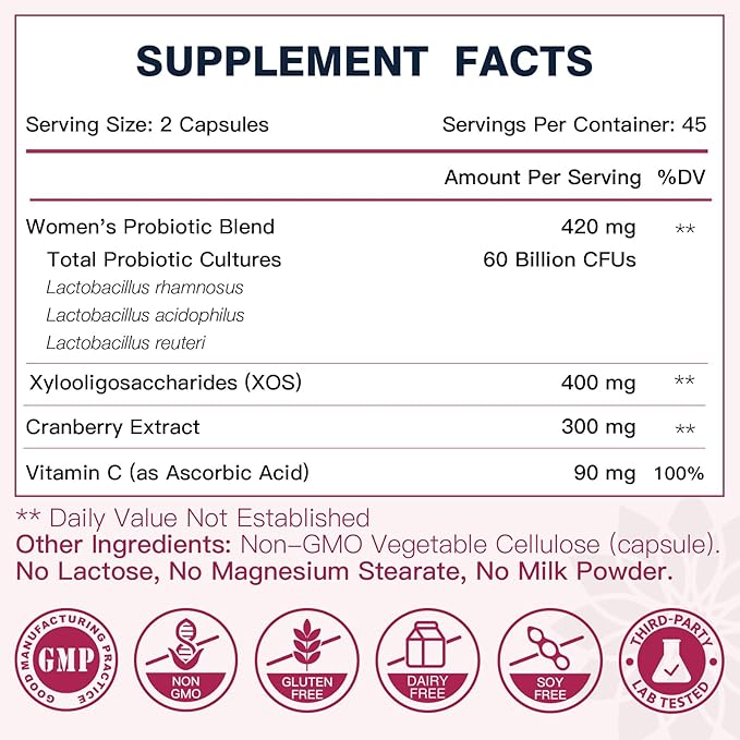 DRFOSTER Vaginal Probiotics for Women pH Balance with Prebiotics & Cranberry - Womens Probiotic Feminine Care Promote Healthy Vaginal Odor & Vaginal Flora, Support Gut Health & UTI - 90 Vegan Capsules