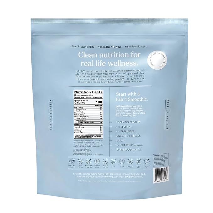 Be Well by Kelly Vanilla Grass-Fed Beef Protein Powder, 23G of Protein & Zero Carbs (3 Ingredients, 30 Servings) 9 Amino Acids + 3 BCAAs No Soy, No Dairy, Stevia-Free, No Sugar Added 1.87lb 849g