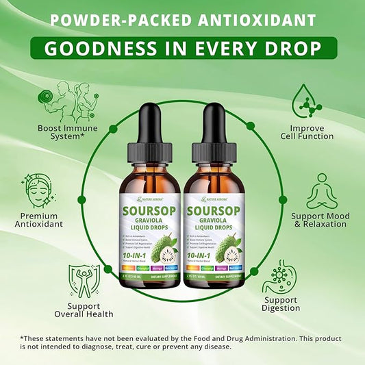 Soursop Drops - 10 in 1 Soursop Bitters Liquid, 2000mg Soursop Extract with Sea Moss, Moringa, Turmeric, Black Seed Oil, Oregano, Ashwagandha - Immune, Antioxidant, Digestive & Cell Support, 2 Fl Oz