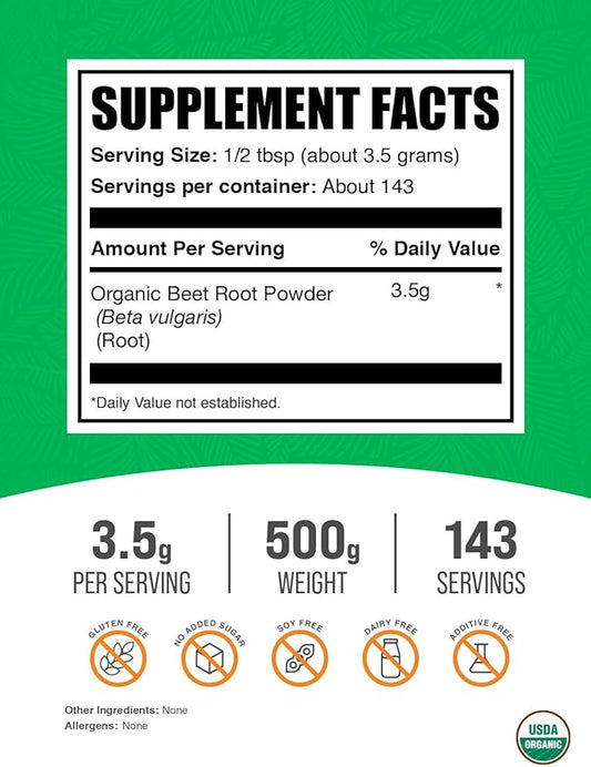 BulkSupplements.com Organic Beet Root Powder - Superfood Supplement, Beet Root Supplements - Vegan & Gluten Free, 3.5g per Serving, 500g (1.1 lbs) (Pack of 1)