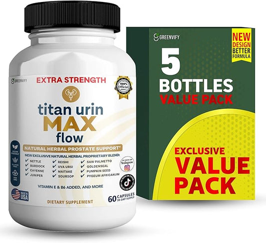 Titan Urin Max Flow Natural Prostate Supplement, 60 Capsules, Extra Strength Herbal Complex with Saw Palmetto, Vitamins E & B6 (5)