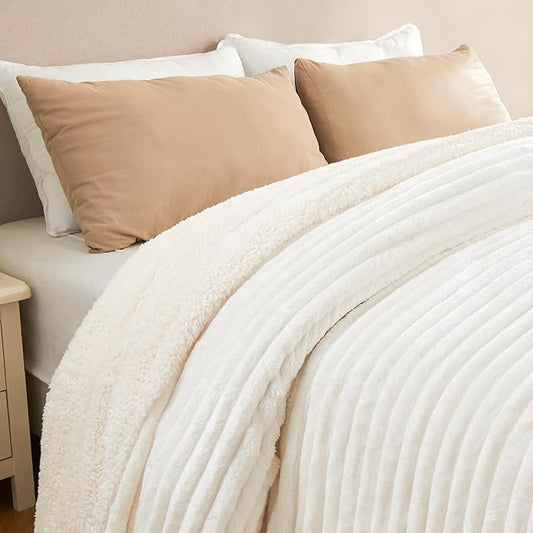 INFIIXSO Sherpa Fleece King Size Blanket - Super Soft & Warm Striped Fleece, Cozy Plush Fluffy Large Bed Blanket All Season Use (Off White, 104x90 Inches)