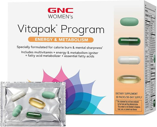 GNC Women’s Energy and Metabolism Vitapak Program, Convenient Complete Nutrition, 4 Products in 1 Packet, Calorie Burn, Mental Sharpness, 200mg Caffeine, with Proven Ingredients, Omega 3s, 30 svgs
