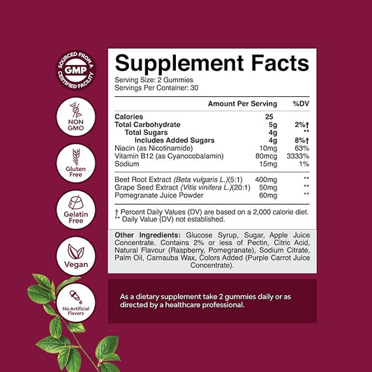 Flow Boosting Beet Root Gummies - Invigorating Beet Gummies for Adults Nitric Oxide Energy & Heart Health Support with Grapeseed Pomegranate & Vitamin B12 - Vegan Non-GMO & Gluten Free (1 Month)