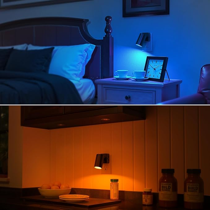 Night Lights Plug into Wall, 320° Rotation Night Light, RGB Color Changing Nightlight, Spot Light Dimmable Brightness, Dusk to Dawn Nightlight for Bedroom, Spot Light, Kids Room, Stair, 2 Pack